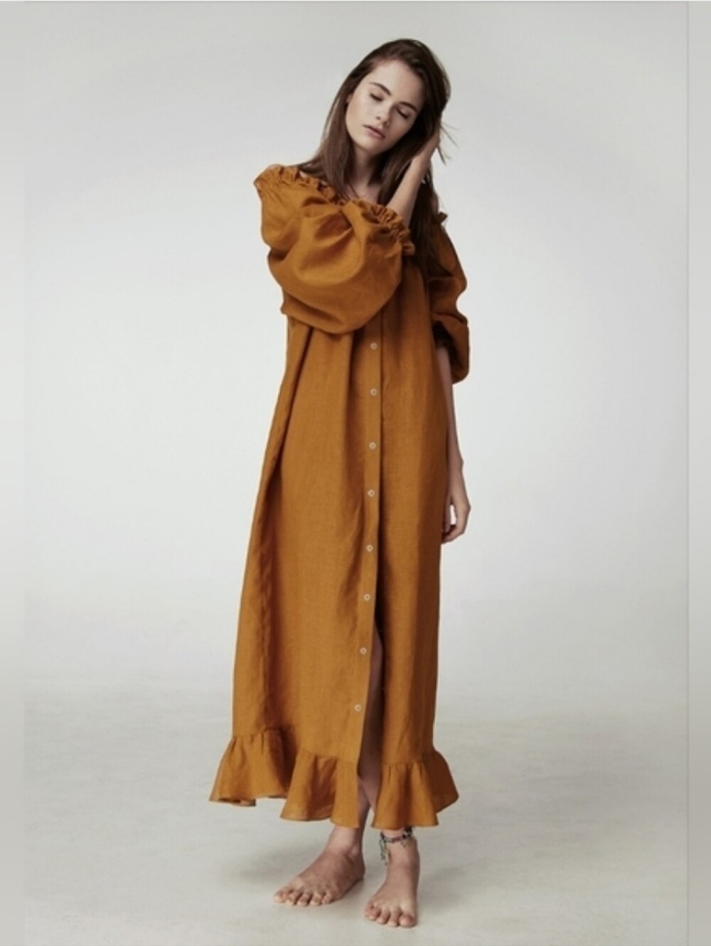 Sleeper 100% linen brown orange lounge dress, one size cottagecore lagenlook mid